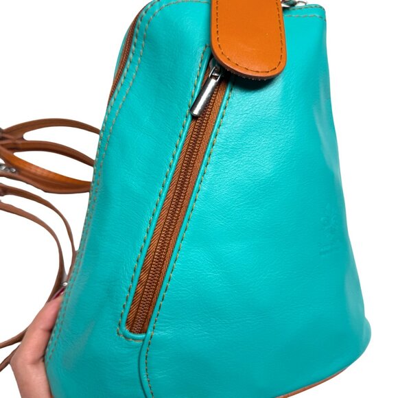 VERA PELLE Italian Genuine Leather Mini Backpack | Mint Green & Tan Brown | New - Picture 9 of 17